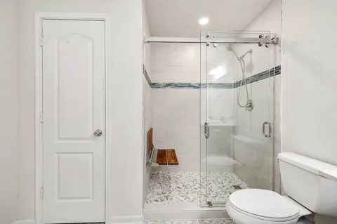 a bathroom with a shower a toilet and a window