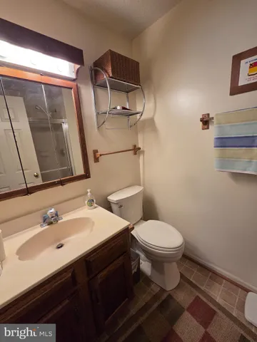 a bathroom with a sink toilet and mirror