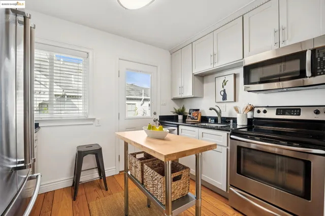 a kitchen with a stove a sink and a microwave