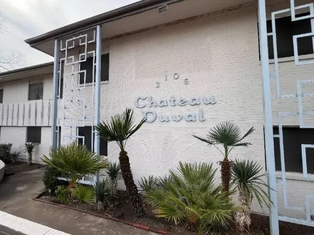 a palm tree sitting in front of a building