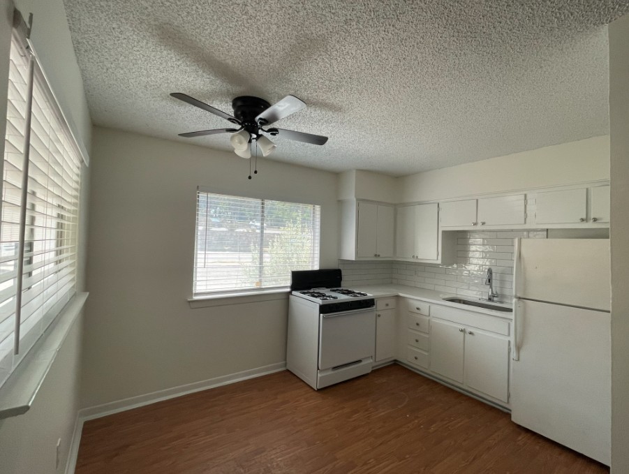 3106 Duval Street, Unit 203 Austin, TX 78705 - Photo 7 of 24 a kitchen with stainless steel appliances granite countertop white cabinets a sink a window and a refrigerator