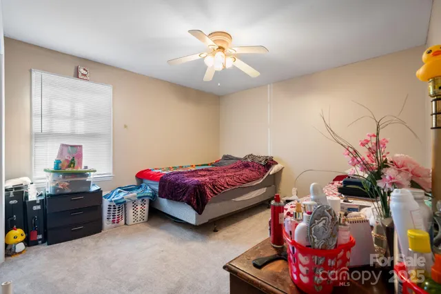a bedroom with a bed potted plant on the dresser and a chandelier