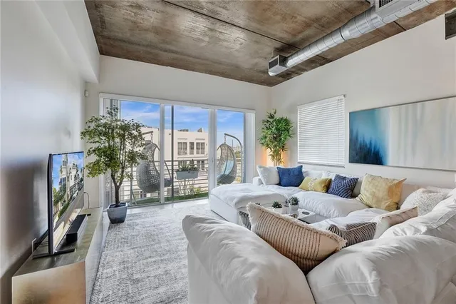 a living room with furniture plant and a large window