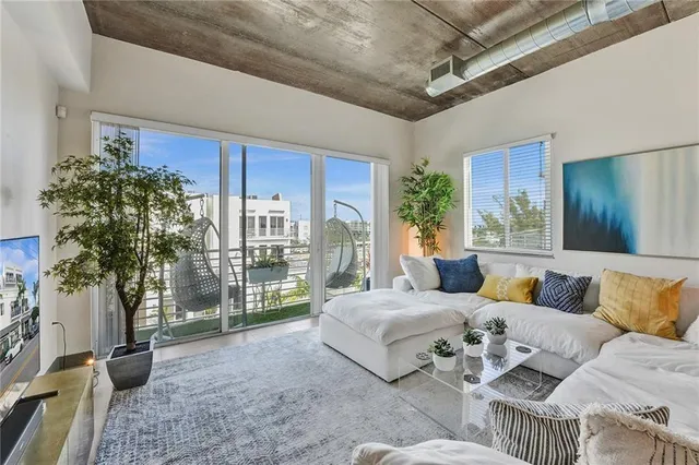 a living room with furniture and a potted plant