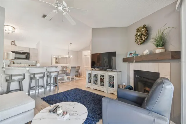 a living room with furniture a flat screen tv and a fireplace