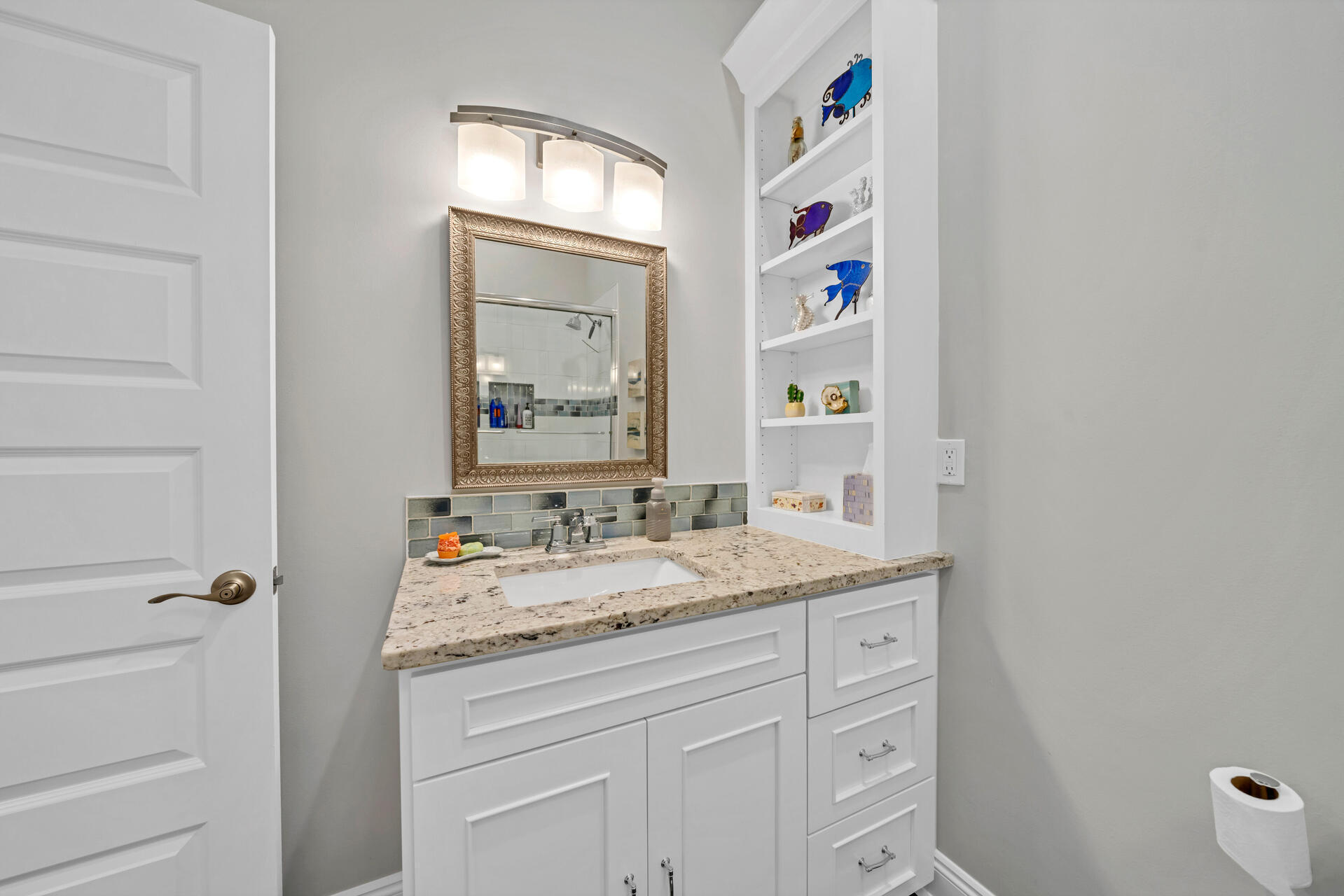 90 Delbert Lane Santa Rosa Beach, FL 32459 - Photo 19 of 47 a bathroom with a granite countertop sink and a mirror