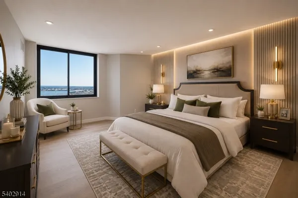 a spacious bedroom with a large bed and a couch