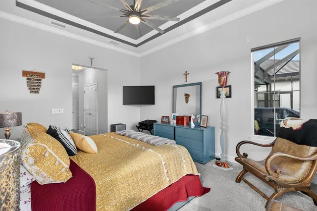 a view of a swimming pool in front of buildings