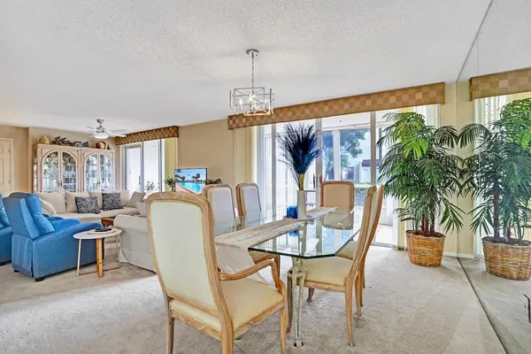 a dining room with furniture potted plants and wooden floor