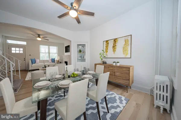 a view of a dining room with furniture