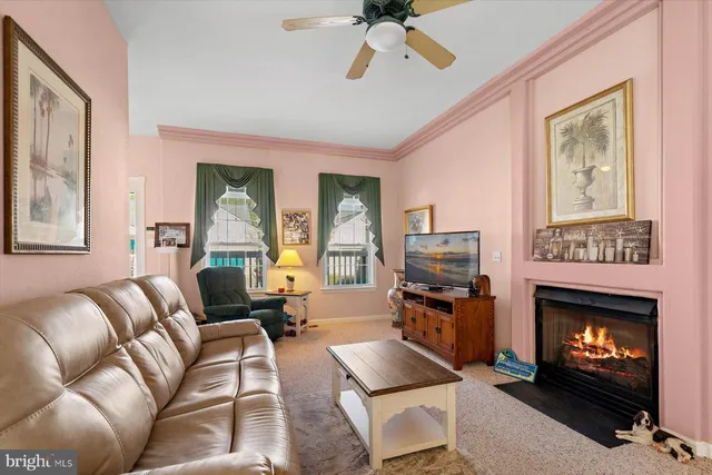 a living room with furniture fireplace and window
