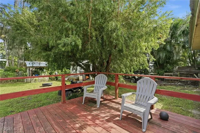 a garden view with a seating space