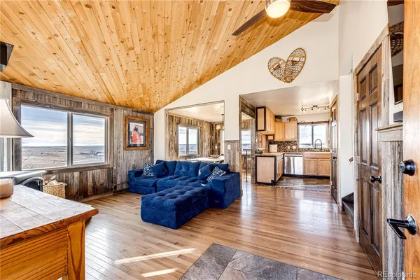 a living room with furniture and a kitchen view