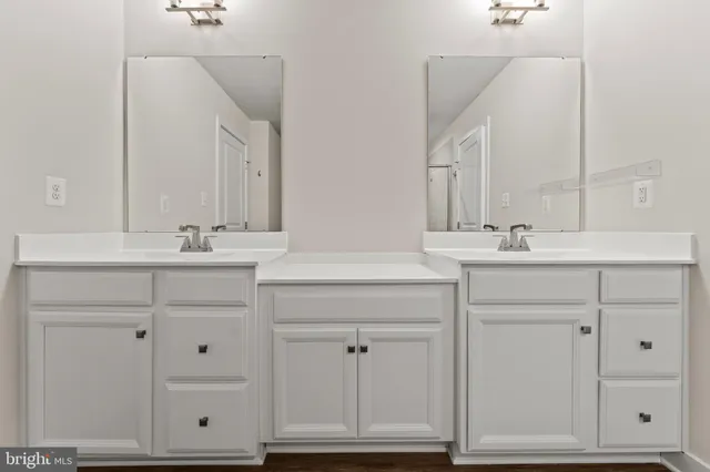 a bathroom with double vanity sink a mirror and vanity