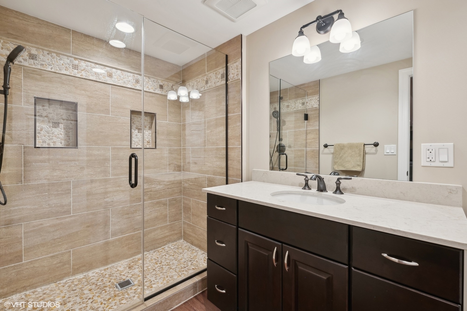 617 Hillside Road Glenview, IL 60025 - Photo 32 of 40 a bathroom with a double vanity sink mirror and shower