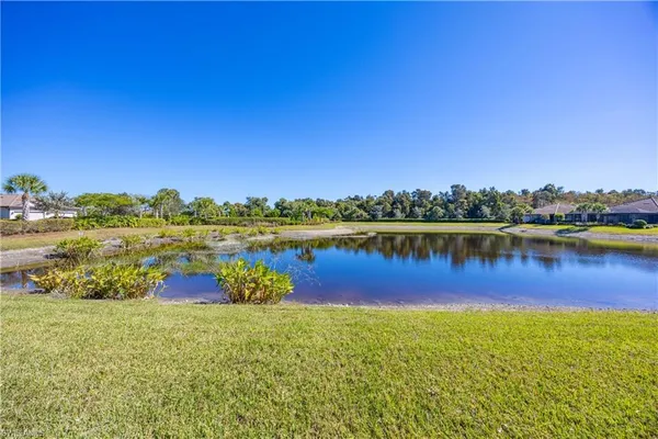 a view of a lake with houses in the back