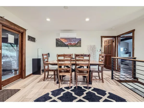 a view of a dining room with furniture