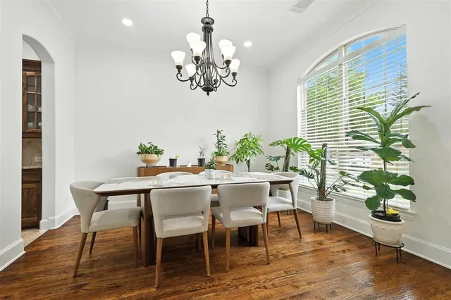 a dining room with furniture potted plants and wooden floor