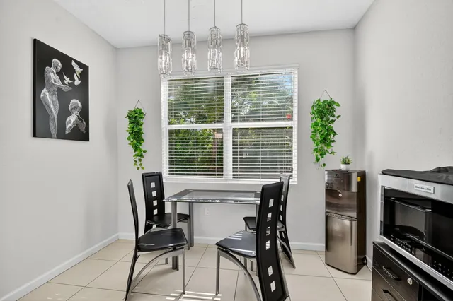 a view of a dining room with furniture window and outside view