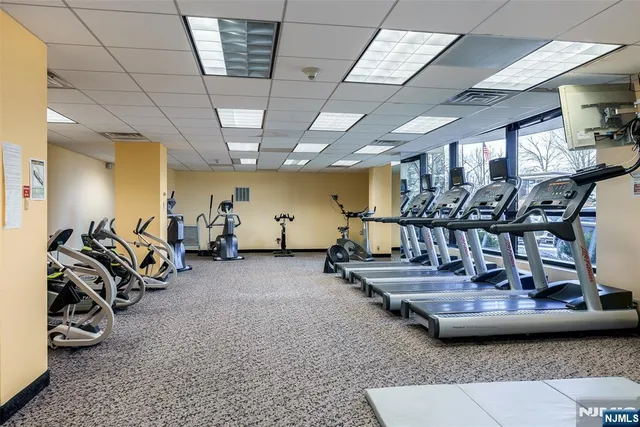 a garage with table and chairs