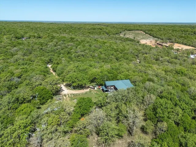 an aerial view of residential houses with outdoor space and trees