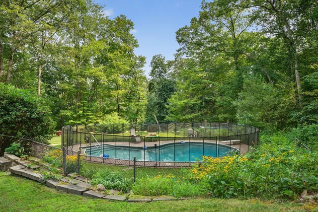 a view of a swimming pool with a garden