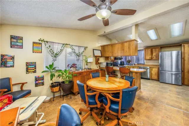 a view of a dining room with furniture