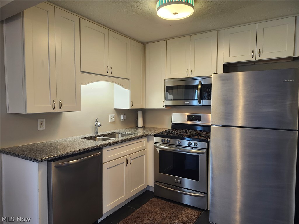 6488 State Road, Unit B 12 Cleveland, OH 44134 - Photo 14 of 46 Kitchen featuring white cabinets, sink, stainless steel appliances, and dark stone counters