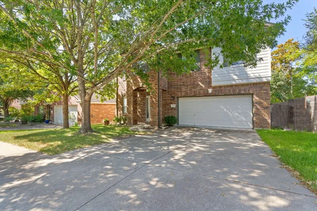 a view of a yard with plants and large trees