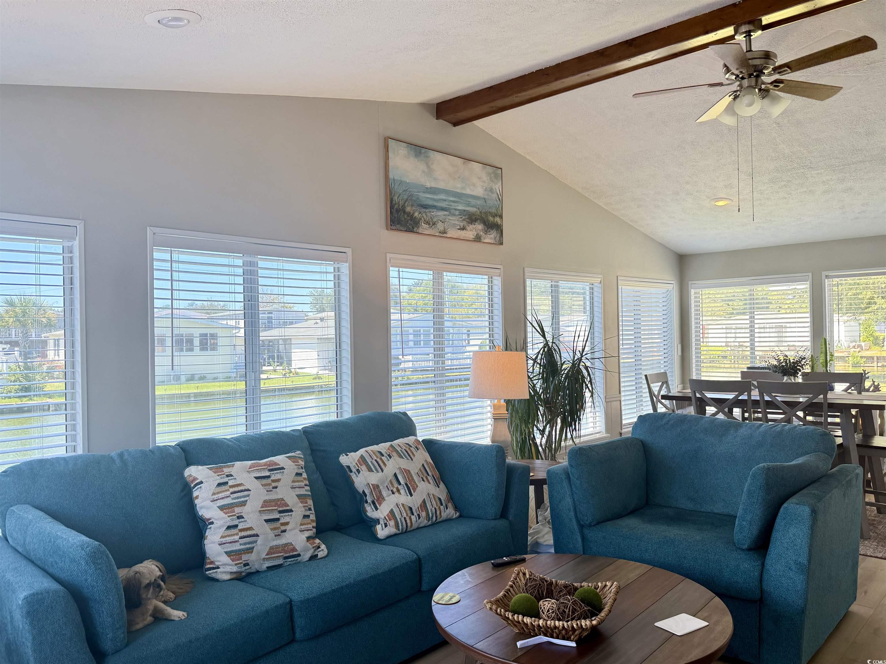 405 Twin Lakes Surfside Beach, SC 29575 - Photo 10 of 36 Living area with a textured ceiling, ceiling fan, and wood finished floors