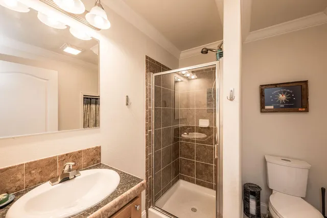 a bathroom with a sink toilet and shower