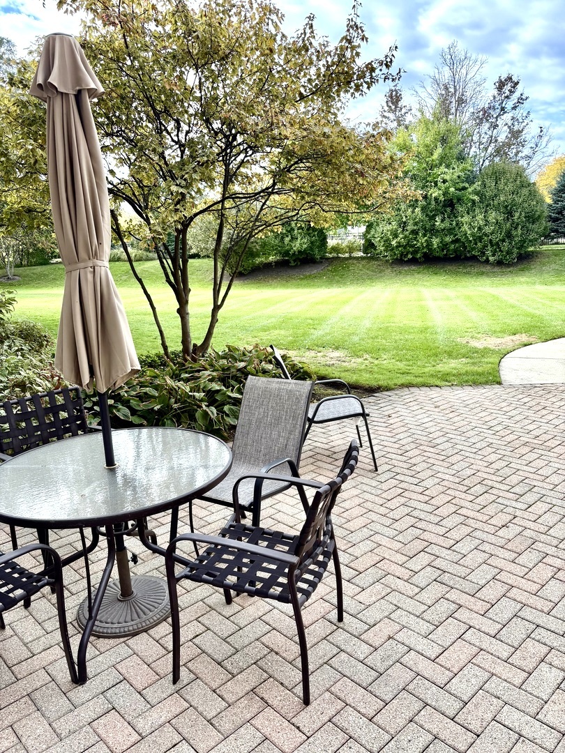 1220 Depot Street, Unit 305 Glenview, IL 60025 - Photo 3 of 28 a view of a backyard with table and chairs potted plants and large tree