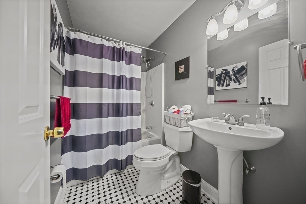 3 Carter Way Worcester, MA 01609 - Photo 17 of 32 a bathroom with a sink a toilet a mirror and shower curtain
