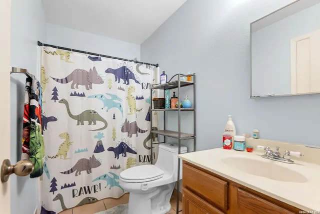 a bathroom with a sink toilet and shower curtain