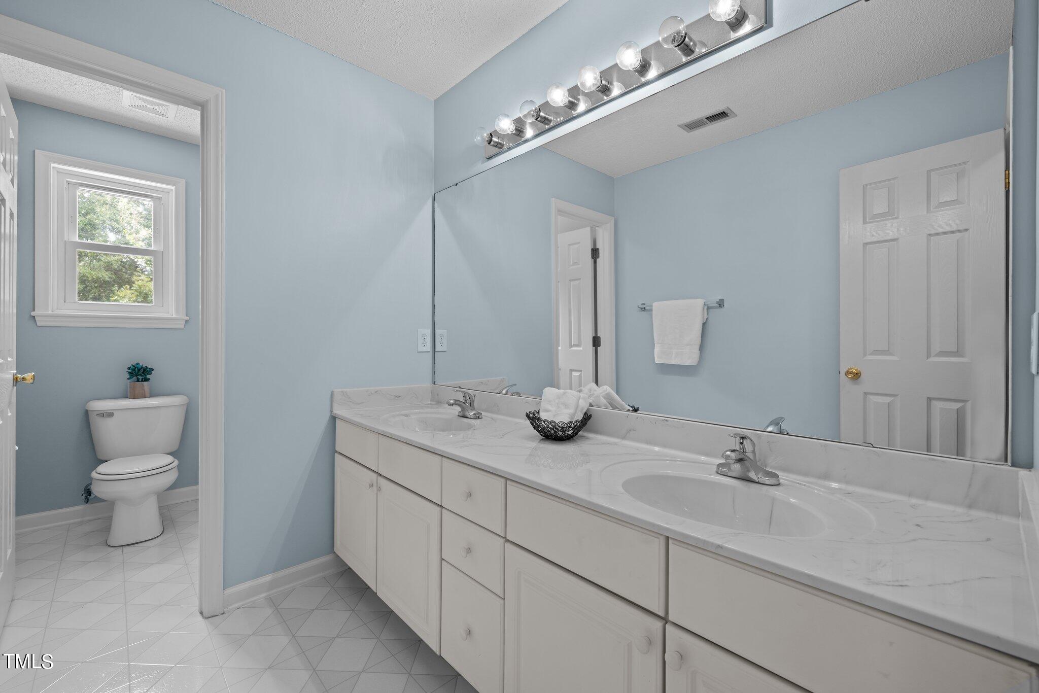 9421 Tweeds Mill Road Raleigh, NC 27617 - Photo 26 of 33 a bathroom with a double vanity sink a toilet and a mirror