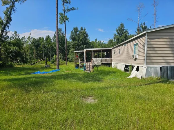 a view of a backyard with a garden and trees