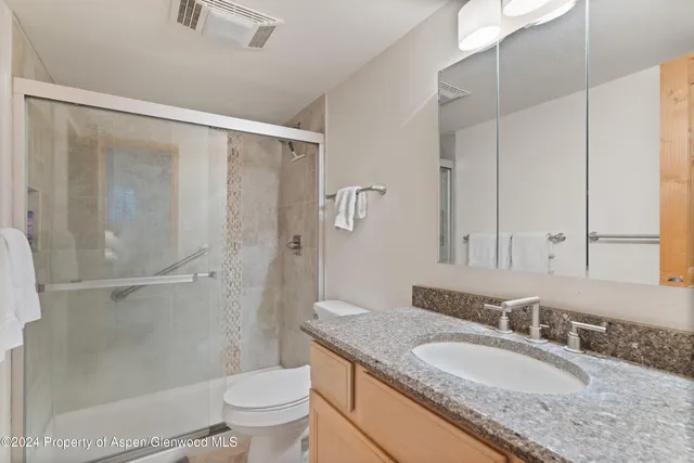 a bathroom with a granite countertop sink a toilet a mirror and shower