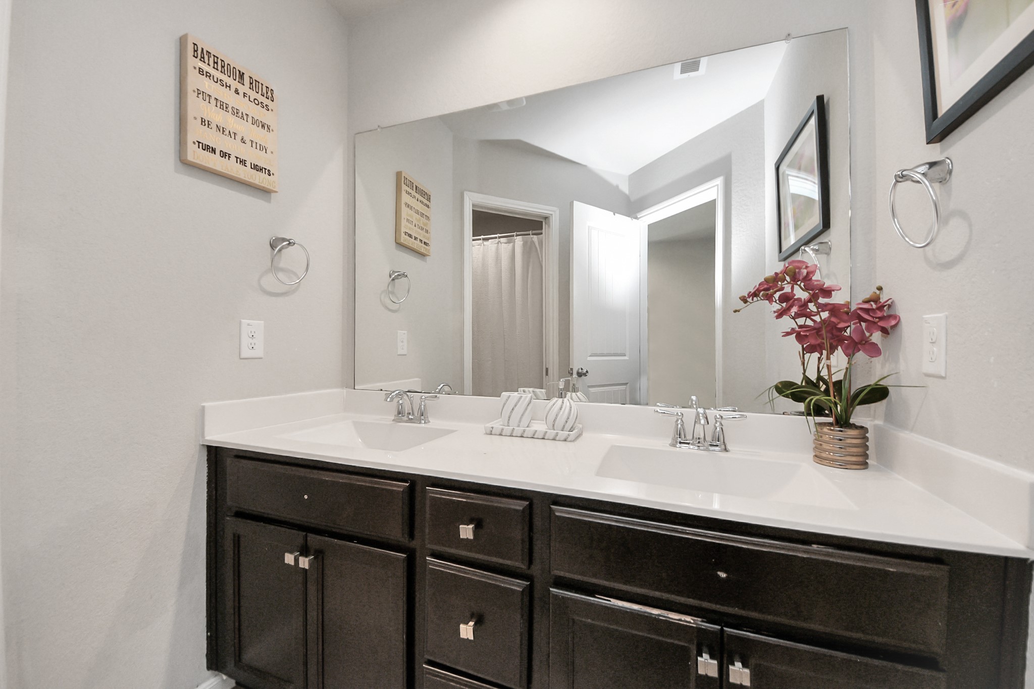 3514 Windham Way Katy, TX 77494 - Photo 14 of 42 a bathroom with a granite countertop sink a large mirror and vanity