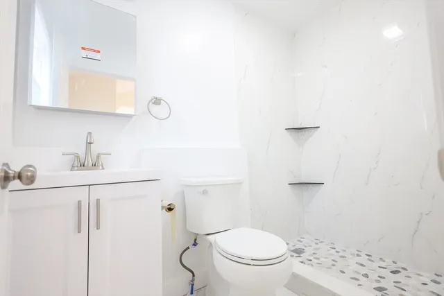 a bathroom with a sink a toilet and a mirror