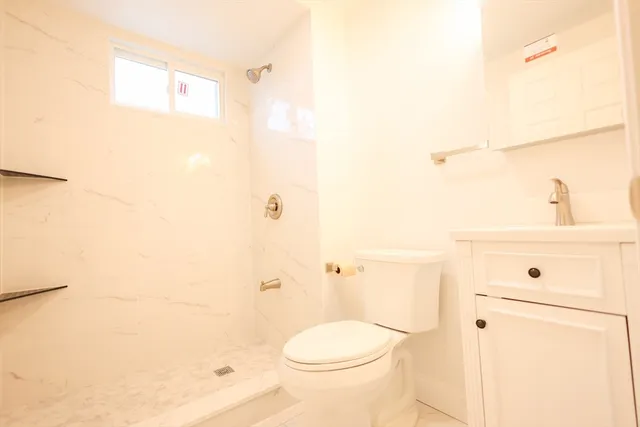 a bathroom with a toilet sink vanity and shower