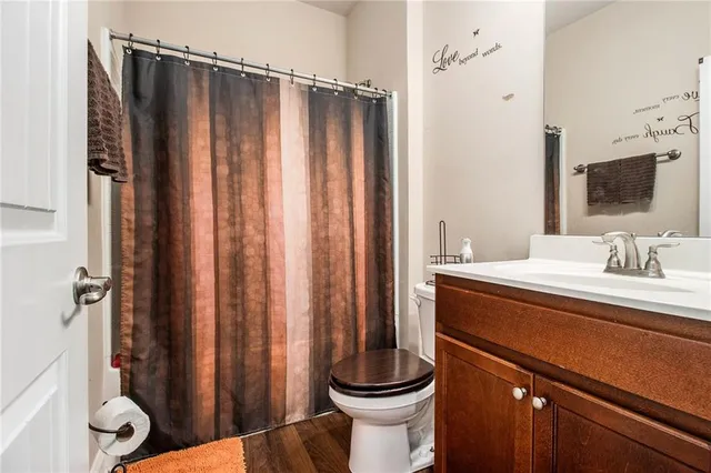 a bathroom with a sink a toilet a mirror and shower curtain