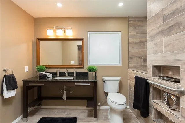 a bathroom with a toilet a sink and mirror
