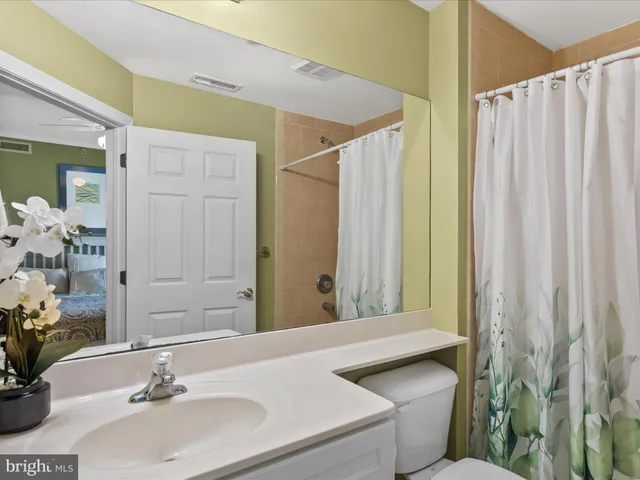a bathroom with a shower a sink and a mirror