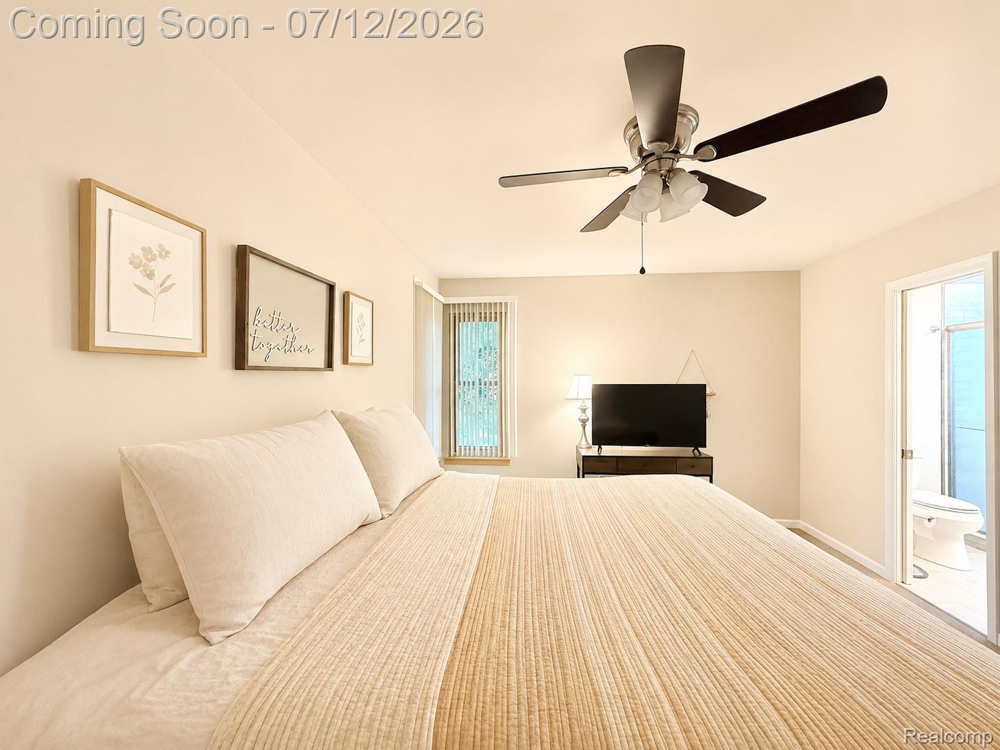 2033 Avonstoke Road Rochester, MI 48307 - Photo 9 of 26 Interior room featuring a ceiling fan with light fixture, neutral wall paint, and a window with blinds