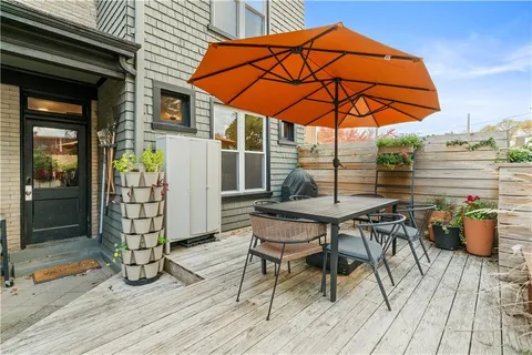 an outdoor space with furniture