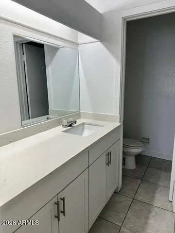 a bathroom with a sink a toilet and a mirror
