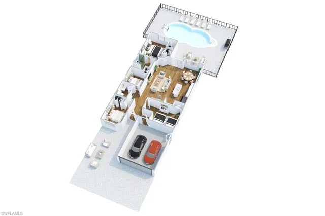 a view of a patio with table and chairs and potted plants