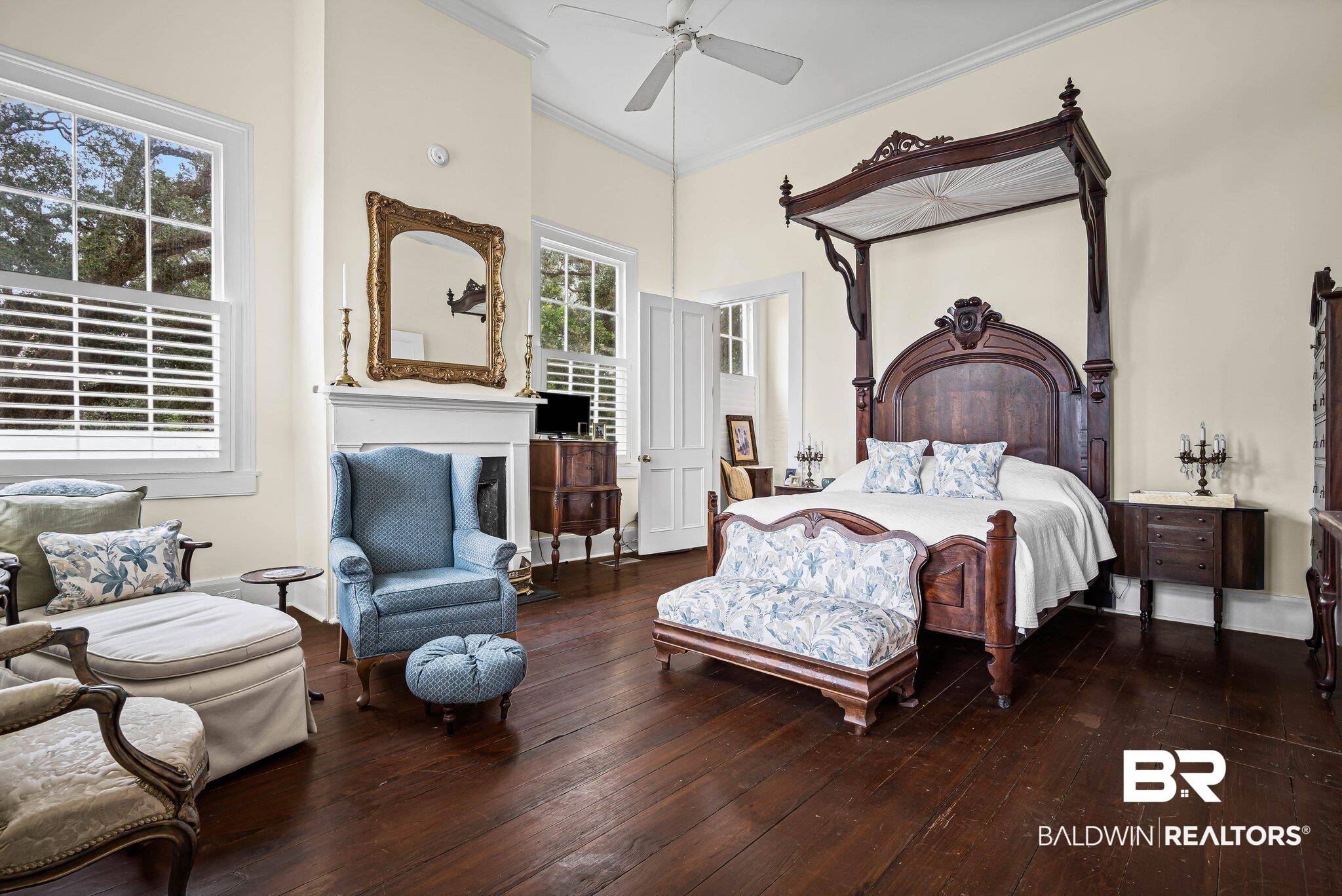 23561 Main Street Fairhope, AL 36532 - Photo 16 of 45 Bedroom with hardwood / wood-style flooring, ornamental molding, and a ceiling fan