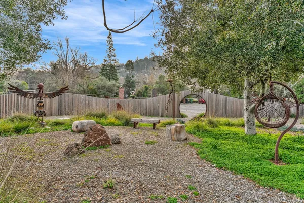 a backyard with table and chairs