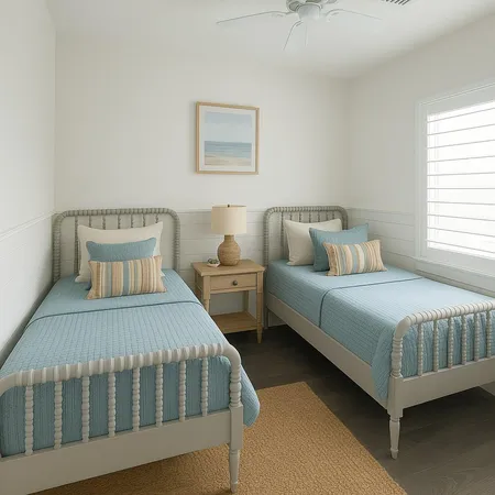 a bedroom with a bed and a table in it